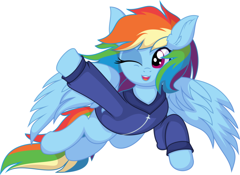 Size: 7831x5709 | Tagged: safe, artist:cyanlightning, derpibooru import, rainbow dash, pegasus, pony, .svg available, absurd resolution, clothes, female, flying, hoodie, image, looking down, mare, png, simple background, smiling, solo, spread wings, transparent background, vector, waving, wings