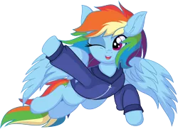 Size: 7831x5709 | Tagged: safe, artist:cyanlightning, derpibooru import, rainbow dash, pegasus, pony, .svg available, absurd resolution, clothes, female, flying, hoodie, image, looking down, mare, png, simple background, smiling, solo, spread wings, transparent background, vector, waving, wings