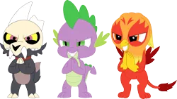 Size: 3560x2002 | Tagged: safe, artist:porygon2z, derpibooru import, spike, oc, oc:heatwave, demon, dragon, gryphon, crossover, evil grin, griffon oc, grin, hands together, high res, image, king (the owl house), male, png, simple background, smiling, spread wings, the owl house, transparent background, trio, trio male, wings