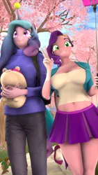 Size: 2160x3840 | Tagged: safe, artist:dongly12, derpibooru import, izzy moonbow, pipp, pipp petals, anthro, 3d, backpack, ball, breasts, busty izzy moonbow, busty pipp petals, chubby, clothes, coat markings, g5, high heels, high res, image, iphone, izzy's tennis ball, jeans, jewelry, midriff, mobile phone, pants, peace sign, phone, pipp is short, plushie, png, revamped anthros, selfie stick, shoes, skirt, socks (coat marking), source filmmaker, sweater, tennis ball, tiara, tongue out