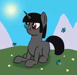 Size: 879x855 | Tagged: safe, artist:librarylonging, derpibooru import, oc, oc:ada, butterfly, insect, pony, unicorn, flower, image, mountain, png, scrunchy face, solo