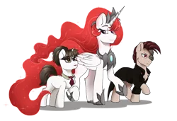 Size: 1280x876 | Tagged: safe, artist:rand-dums, derpibooru import, raven, oc, oc:buckshot, oc:solaris, alicorn, cyborg, earth pony, pony, fallout equestria, fallout equestria: influx, alicorn oc, armor, fanfic art, female, horn, image, looking at each other, looking at someone, mare, png, simple background, smiling, transparent background, wings