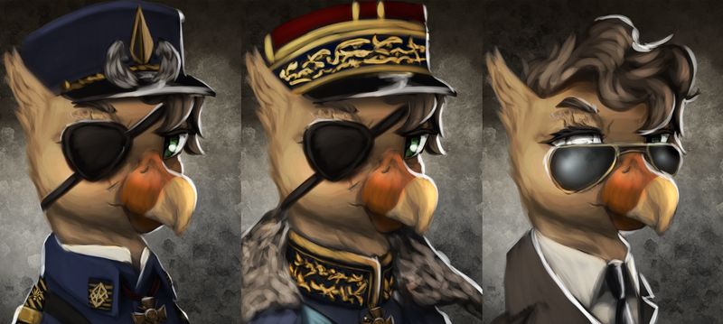 Size: 4676x2100 | Tagged: safe, derpibooru import, oc, unofficial characters only, gryphon, equestria at war mod, bust, clothes, eyepatch, female, french, glasses, griffon oc, image, military uniform, necktie, png, portrait, scar, suit, uniform