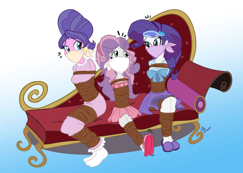 Size: 1280x912 | Tagged: questionable, artist:lustdidharem, derpibooru import, cookie crumbles, rarity, sweetie belle, anthro, equestria girls, arm behind back, blue background, bondage, cloth gag, clothes, commission, damsel in distress, fainting couch, family, female, females only, fetish, gag, gradient background, image, jpeg, legs together, looking at each other, looking at someone, mother and child, mother and daughter, nightgown, over the nose gag, rope, rope bondage, siblings, simple background, sisters, sitting, sleep mask, trio, trio female, white background