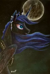 Size: 1986x2920 | Tagged: safe, artist:cahandariella, derpibooru import, nightmare moon, alicorn, bust, colored pencil drawing, image, jewelry, jpeg, moon, night, portrait, redesign, solo, traditional art