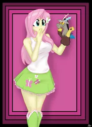 Size: 2975x4092 | Tagged: safe, artist:lennondash, derpibooru import, discord, fluttershy, draconequus, equestria girls, butterfly hairpin, clothes, dialogue in the description, hand over mouth, hand puppet, image, open mouth, pink background, png, puppet, simple background, skirt, tanktop, ventriloquism