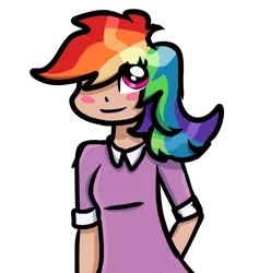 Size: 3180x3356 | Tagged: safe, artist:naturajellyfish, derpibooru import, rainbow dash, human, arm behind back, blush sticker, blushing, clothes, dress, female, humanized, image, png, rainbow dash always dresses in style, simple background, smiling, solo, transparent background