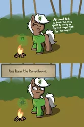 Size: 947x1422 | Tagged: safe, artist:neuro, derpibooru import, oc, unofficial characters only, pony, unicorn, 2 panel comic, campfire, comic, eyes closed, female, filly, foal, frown, image, levitation, magic, open mouth, open smile, png, runescape, smiling, solo, telekinesis