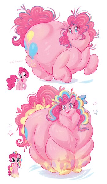 Size: 1976x3400 | Tagged: suggestive, artist:feulyandiy, artist:srakojepie, derpibooru import, pinkie pie, earth pony, pony, belly, big belly, fat, female, flabby chest, image, jpeg, mare, morbidly obese, multeity, neck roll, obese, open mouth, open smile, piggy pie, pudgy pie, rainbow power, raised hoof, screencap reference, simple background, smiling, solo, white background