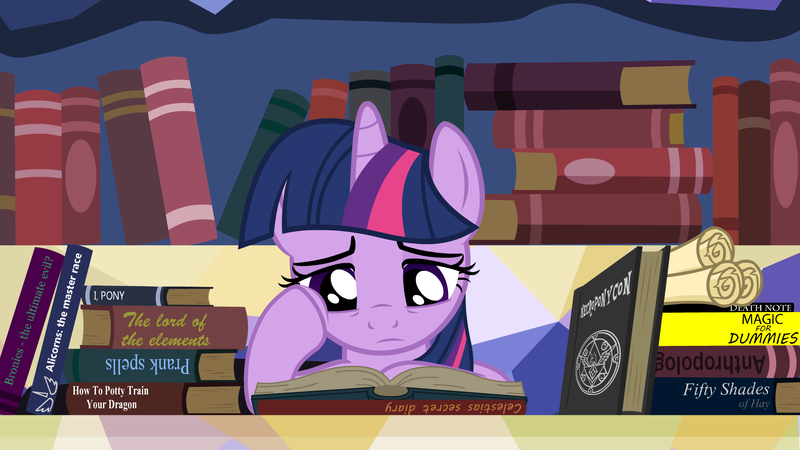 Size: 1920x1080 | Tagged: safe, artist:tobbby92, derpibooru import, twilight sparkle, twilight sparkle (alicorn), alicorn, pony, book, death note, female, fifty shades of grey, for dummies, i robot, image, library, lord of the rings, mare, necronomicon, png, reading, solo