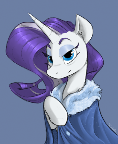 Size: 900x1100 | Tagged: safe, artist:sinrar, derpibooru import, rarity, pony, unicorn, the last problem, blue background, bust, cloak, clothes, female, image, mare, older, older rarity, png, simple background, solo