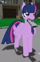 Size: 739x1134 | Tagged: artist needed, source needed, safe, derpibooru import, twilight sparkle, twilight sparkle (alicorn), alicorn, pony, ed, female, gun, handgun, image, jpeg, mare, mouth hold, pistol, reaction image, second life, solo, weapon