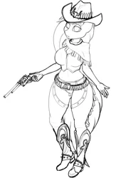 Size: 580x887 | Tagged: safe, artist:jessijinx, derpibooru import, oc, oc:velvet penrose, unofficial characters only, anthro, belt, black and white, boots, breasts, cleavage, clothes, cowboy boots, cowboy hat, cowgirl, cowgirl outfit, cursor, female, grayscale, gun, handgun, hat, image, looking at you, monochrome, png, revolver, shoes, sketch, solo, weapon