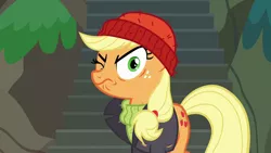 Size: 1280x720 | Tagged: safe, derpibooru import, screencap, applejack, earth pony, pony, ppov, season 6, angry, captain jackbeard, clothes, cutie mark, female, hat, image, looking at you, mare, one eye closed, png, red hat, solo, tail, wink, yellow tail