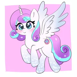 Size: 1460x1454 | Tagged: safe, artist:leo19969525, derpibooru import, princess flurry heart, alicorn, pony, blue eyes, blushing, cute, cutie mark, flurrybetes, flying, hair, horn, image, jpeg, looking at you, pink background, simple background, smiling, smiling at you, spread wings, tail, wings