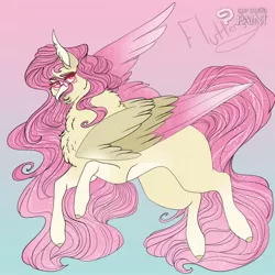 Size: 1280x1280 | Tagged: safe, artist:inisealga, derpibooru import, fluttershy, pegasus, pony, abstract background, alternate design, colored wings, ear fluff, female, folded wings, glasses, gradient mane, image, jpeg, mare, redesign, solo, wing fluff, wings