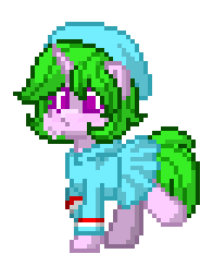 Size: 196x244 | Tagged: safe, artist:rainyponyindo, derpibooru import, oc, oc:rainy rainbow, unofficial characters only, pony, unicorn, pony town, animated, clothes, cute, female, gif, green mane, hat, hoodie, horn, image, mare, ocbetes, simple background, skirt, solo, transparent background, trotting, trotting in place, walking