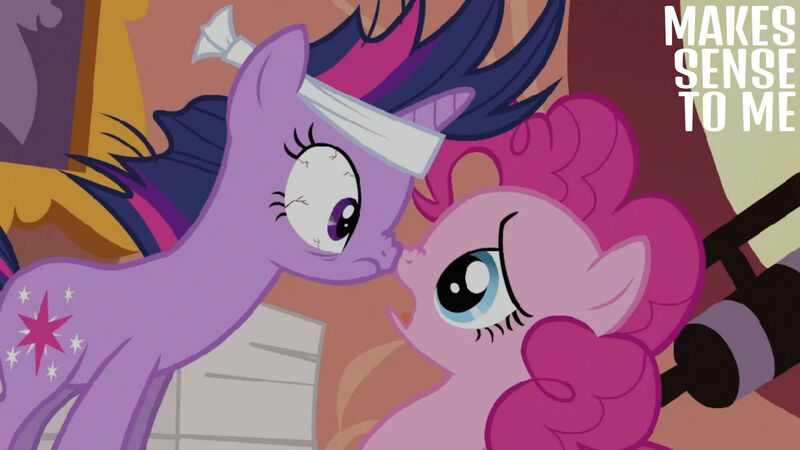 Size: 1280x720 | Tagged: safe, derpibooru import, edit, edited screencap, editor:quoterific, screencap, pinkie pie, twilight sparkle, earth pony, pony, unicorn, it's about time, season 2, boop, duo, eyepatch, female, golden oaks library, image, jpeg, library, mare, noseboop, open mouth, stare, text, unicorn twilight