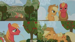 Size: 1280x720 | Tagged: safe, derpibooru import, edit, edited screencap, editor:quoterific, screencap, applejack, big macintosh, earth pony, pony, applebuck season, season 1, apple, duo, eyes closed, female, food, image, jpeg, male, mare, one eye closed, open mouth, stallion, text, tree, wink