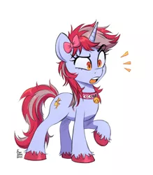 Size: 3590x4096 | Tagged: safe, artist:fanzeem, derpibooru import, oc, oc:cinnamon lightning, unofficial characters only, pony, unicorn, confused, eyebrows, eyebrows visible through hair, full body, high res, hooves, horn, image, jpeg, open mouth, raised eyebrow, raised hoof, signature, simple background, solo, standing, tail, two toned mane, two toned tail, unicorn oc, unshorn fetlocks, white background