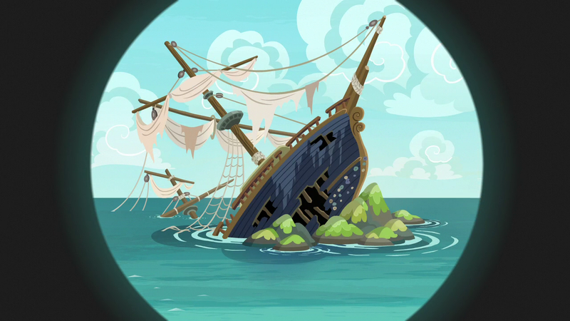 Size: 1280x720 | Tagged: safe, derpibooru import, screencap, ppov, season 6, boat, broken, image, no pony, ocean, pirate ship, png, ship, water, wrecked