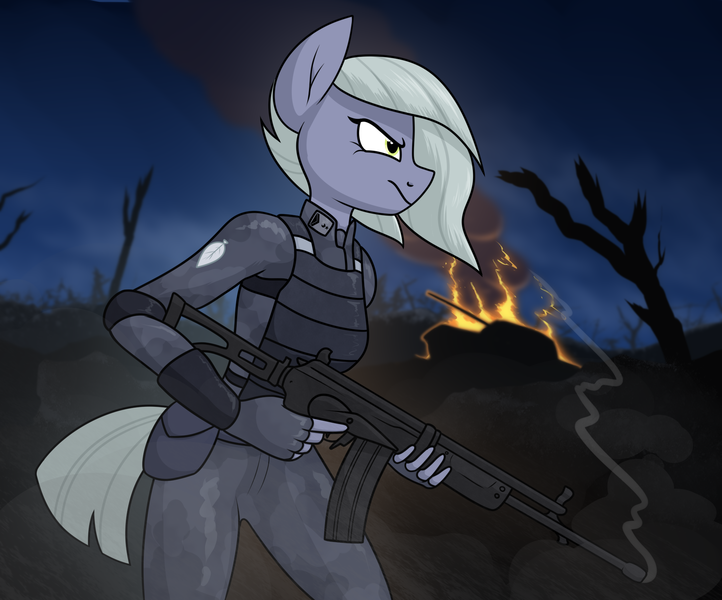 Size: 1806x1500 | Tagged: safe, artist:moonatik, derpibooru import, limestone pie, tank, anthro, earth pony, pony, alternate timeline, armor, battlefield, clothes, female, fire, gloves, gun, image, mare, military pony, military uniform, new lunar millennium, night, nightmare takeover timeline, png, rifle, smoke, soldier, solo, uniform, weapon