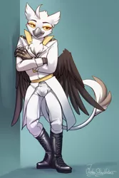 Size: 2000x3000 | Tagged: suggestive, artist:jedayskayvoker, derpibooru import, oc, oc:tristan alastair, unofficial characters only, anthro, gryphon, anthro oc, beak, clothes, crotch bulge, eyebrows, griffon oc, image, looking at you, makeup, png, raised eyebrows, solo, tight bulge, tight clothing, uniform