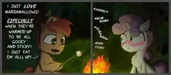 Size: 2300x1014 | Tagged: safe, artist:chopsticks, derpibooru import, button mash, sweetie belle, earth pony, pony, unicorn, blushing, campfire, cheek fluff, chest fluff, colt, comic, dialogue, duo, ear fluff, female, filly, fire, foal, food, hat, image, implied shipping, innuendo, male, marshmallow, night, open mouth, png, shipping, straight, sweetiemash, text, unshorn fetlocks