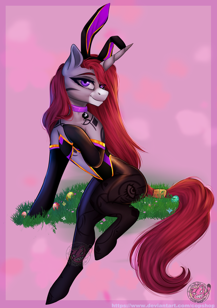 Size: 2681x3799 | Tagged: safe, alternate version, artist:copshop, derpibooru import, oc, oc:selune darkeye, unofficial characters only, pony, unicorn, body markings, bunny ears, bunny suit, clothes, coat markings, collar, cute, cutie mark, easter bunny, easter egg, egg, facial markings, female, female oc, grass, grass field, horn, image, looking at you, markings, png, pony oc, seductive, seductive look, seductive pose, smiling, smiling at you, snip (coat marking), socks, solo, solo female, tail, tail wrap, thigh highs