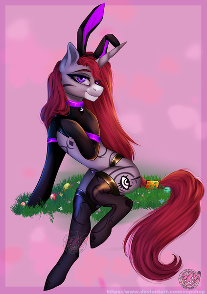 Size: 2681x3799 | Tagged: safe, alternate version, artist:copshop, derpibooru import, oc, oc:selune darkeye, unofficial characters only, pony, unicorn, body markings, bunny ears, clothes, coat markings, collar, cute, cutie mark, easter bunny, easter egg, egg, facial markings, female, female oc, grass, grass field, horn, image, looking at you, markings, png, pony oc, reverse bunny suit, seductive, seductive look, seductive pose, smiling, smiling at you, snip (coat marking), socks, solo, solo female, tail, tail wrap, thigh highs