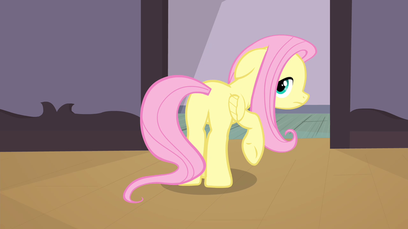 Size: 1280x720 | Tagged: safe, derpibooru import, screencap, fluttershy, pegasus, pony, filli vanilli, season 4, butt, cute, featureless crotch, female, floppy ears, image, mare, plot, png, raised hoof, rear view, sad, shyabetes, solo, underhoof