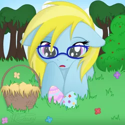 Size: 2048x2048 | Tagged: safe, artist:dawnshine, derpibooru import, oc, oc:cloud cuddler, unofficial characters only, pony, accessories, basket, commission, easter, easter egg, egg, female, glasses, grass, grass field, holiday, image, open mouth, png, solo, tree, ych result