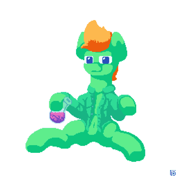 Size: 1024x1024 | Tagged: safe, artist:vohd, derpibooru import, oc, unofficial characters only, earth pony, pony, animated, clothes, drinking, error, femboy, gender swap potion, gif, glitch, image, male, pixel art, rule 63, shirt, sitting