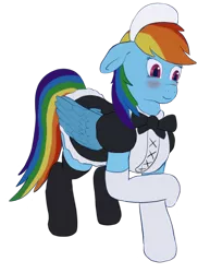 Size: 1412x1832 | Tagged: safe, artist:callichrome, derpibooru import, rainbow dash, pegasus, pony, blushing, bow, clothes, cute, dress, embarrassed, image, maid, png, socks, solo, stockings, thigh highs, tomboy taming