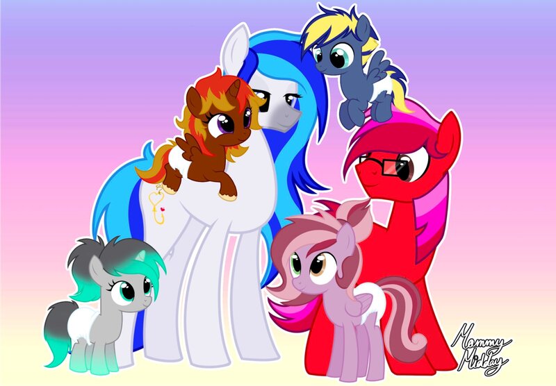Size: 2048x1423 | Tagged: safe, artist:mommymidday, derpibooru import, oc, oc:hooklined, oc:midnight magic, oc:ruby star, oc:talia lilac, unofficial characters only, alicorn, earth pony, pegasus, pony, unicorn, abdl, adult foal, commission, diaper, gradient background, gradient hooves, gradient mane, gradient tail, group, hooves, image, jpeg, multicolored hair, show accurate, simple background, tail