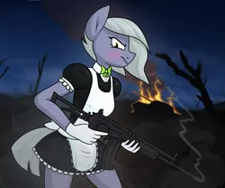 Size: 1806x1500 | Tagged: safe, alternate version, artist:moonatik, derpibooru import, limestone pie, anthro, earth pony, pony, alternate timeline, angry, apron, battlefield, blushing, bowtie, clothes, female, fire, gloves, gun, image, maid, mare, military pony, new lunar millennium, night, nightmare takeover timeline, png, rifle, skirt, smoke, soldier, solo, tank (vehicle), uniform, weapon