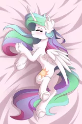 Size: 1280x1921 | Tagged: safe, artist:natanvok, derpibooru import, princess celestia, alicorn, pony, body pillow, body pillow design, butt, dock, eyes closed, image, jpeg, lying down, plot, side, smiling, solo, tail, underhoof