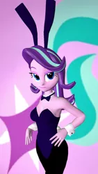 Size: 900x1600 | Tagged: safe, artist:oatmeal!, derpibooru import, starlight glimmer, equestria girls, 3d, bowtie, breasts, bunny ears, bunny suit, busty starlight glimmer, cleavage, clothes, cuffs (clothes), cutie mark, cutie mark background, easter, easter bunny, gmod, hand on hip, holiday, image, leotard, looking at you, pantyhose, png, sexy, simple background, smiling, solo