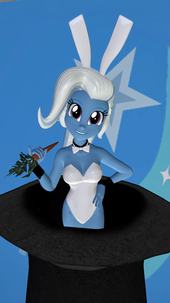 Size: 900x1600 | Tagged: safe, artist:oatmeal!, derpibooru import, trixie, equestria girls, 3d, bowtie, breasts, bunny ears, bunny out of the hat, bunny suit, busty trixie, carrot, cleavage, clothes, cuffs (clothes), cutie mark, cutie mark background, easter, easter bunny, food, gmod, grin, hand on hip, hat, holiday, image, leotard, looking at you, magic trick, png, sexy, simple background, smiling, solo, top hat