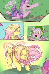Size: 960x1440 | Tagged: safe, artist:cold-blooded-twilight, derpibooru import, fluttershy, twilight sparkle, comic:cold storm, accident, autumn, blood, comic, dialogue, eyes closed, fear, flower, image, png, shivering, trip