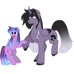Size: 1280x1280 | Tagged: safe, artist:gingygin, derpibooru import, twilight sparkle, twilight sparkle (alicorn), oc, oc:penumbra, alicorn, pony, duo, ethereal mane, female, height difference, image, male, male alicorn, mare, mother and child, mother and son, offspring, parent:king sombra, parent:twilight sparkle, parents:twibra, png, simple background, stallion, starry mane, transparent background, unshorn fetlocks