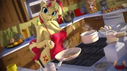 Size: 7680x4320 | Tagged: suggestive, alternate version, artist:loveslove, derpibooru import, sunset shimmer, anthro, unicorn, 3d, absurd file size, absurd resolution, alternate character, apple, apron, bacon, banana, breakfast, breasts, busty sunset shimmer, clothes, commission, cooking, egg, female, food, horn, image, kitchen, looking at you, meat, microwave, naked apron, orange, partial nudity, pineapple, png, smiling, smiling at you, solo, solo female, source filmmaker, spoon, tail, ych result