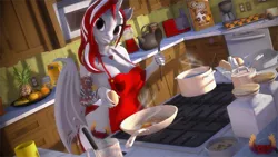 Size: 7680x4320 | Tagged: suggestive, alternate version, artist:loveslove, derpibooru import, oc, oc:lovers, unofficial characters only, anthro, bat pony, bat pony unicorn, hybrid, unicorn, 3d, absurd file size, absurd resolution, alternate character, apple, apron, bacon, banana, bat ears, bat pony oc, bat wings, breakfast, breasts, busty oc, clothes, commission, cooking, egg, female, food, horn, image, kitchen, looking at you, meat, microwave, naked apron, orange, partial nudity, pineapple, png, smiling, smiling at you, solo, solo female, source filmmaker, spoon, tail, tattoo, wings, ych result