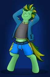 Size: 3072x4720 | Tagged: safe, artist:tacomytaco, derpibooru import, oc, oc:taco.m.tacoson, unofficial characters only, belly button, bipedal, briefss, clothes, eyes closed, gradient background, hoodie, image, male, open clothes, png, shirt, shorts, smiling, solo, solo male, stretching, striped underwear, two toned coat, underwear
