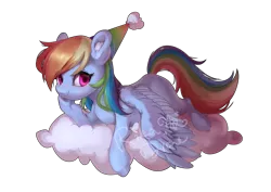 Size: 4960x3507 | Tagged: safe, artist:rikadiane, derpibooru import, rainbow dash, pegasus, pony, cloud, ear fluff, female, hat, image, looking at you, mare, multicolored hair, party hat, png, rainbow hair, signature, smiling, solo, wings