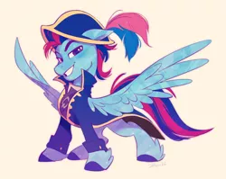 Size: 2699x2150 | Tagged: safe, artist:imalou, derpibooru import, oc, oc:andrew swiftwing, oc:swift sail, unofficial characters only, pegasus, pony, alternate universe, clothes, coat, fantasy class, feather, hat, image, jpeg, looking at you, male, smug, solo, spread wings, stallion, wings