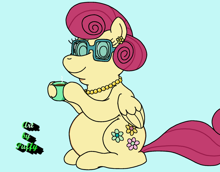 Size: 2134x1677 | Tagged: safe, artist:puffydearlysmith, derpibooru import, posey shy, pegasus, pony, coffee, coffee mug, double chin, fat, female, glasses, image, jewelry, looking at you, mare, mug, necklace, png, signature, smiling