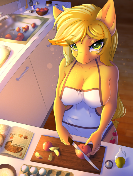 Size: 967x1280 | Tagged: suggestive, artist:hellcat120, derpibooru import, applejack, anthro, earth pony, apple, apple slice, apron, baking sheet, big breasts, book, breasts, busty applejack, cleavage, clothes, coffee, coffee mug, cooking, cutting, digital art, egg, erect nipples, female, flour, food, freckles, funko pop!, image, jpeg, kitchen, kitchen knife, kitchen sink, knife, looking at you, mug, naked apron, nipple outline, oil, partial nudity, pokéball, pokémon, recipe, self harm, solo, solo female, stupid sexy applejack, tail, thighs, wide hips