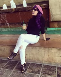 Size: 1080x1349 | Tagged: safe, artist:briannacherrycosplay, derpibooru import, rarity, human, bronycon, bronycon 2019, beatnik rarity, beret, clothes, cosplay, costume, hat, image, irl, irl human, jpeg, photo, sitting, sunglasses, sweater