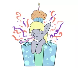Size: 1600x1400 | Tagged: safe, artist:rocket-lawnchair, derpibooru import, derpy hooves, pegasus, pony, birthday candles, candle, confetti, cute, derpabetes, eyes closed, female, food, image, mare, mouth hold, muffin, noisemaker, party horn, png, present, simple background, solo, white background